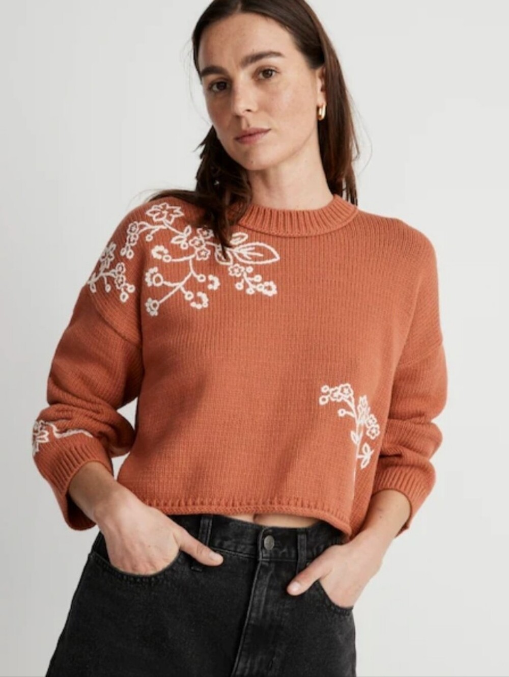 Madewell Adina Sweater Terracotta Cotton Floral Embroidered Crop